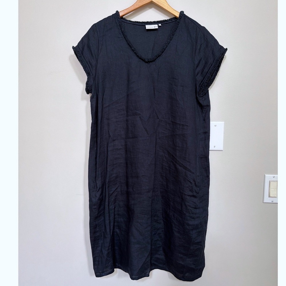 Foil Navy Blue 100% Linen Dress 10 Lagenlook Oversized Modest Comfy Minimalist